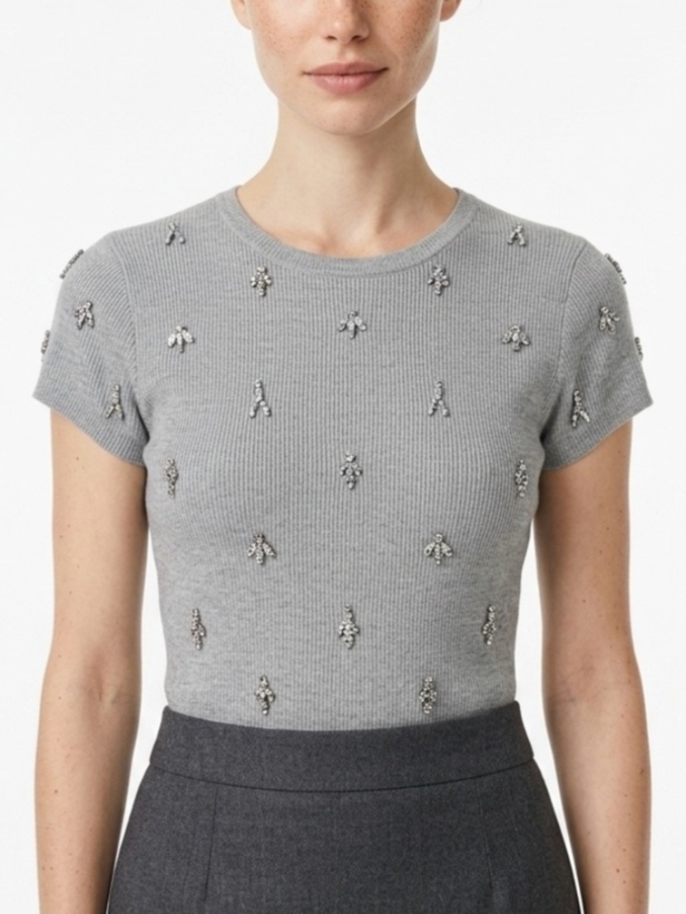 J.Crew Gray Crystal Rhinestone Embellished Tee Size L